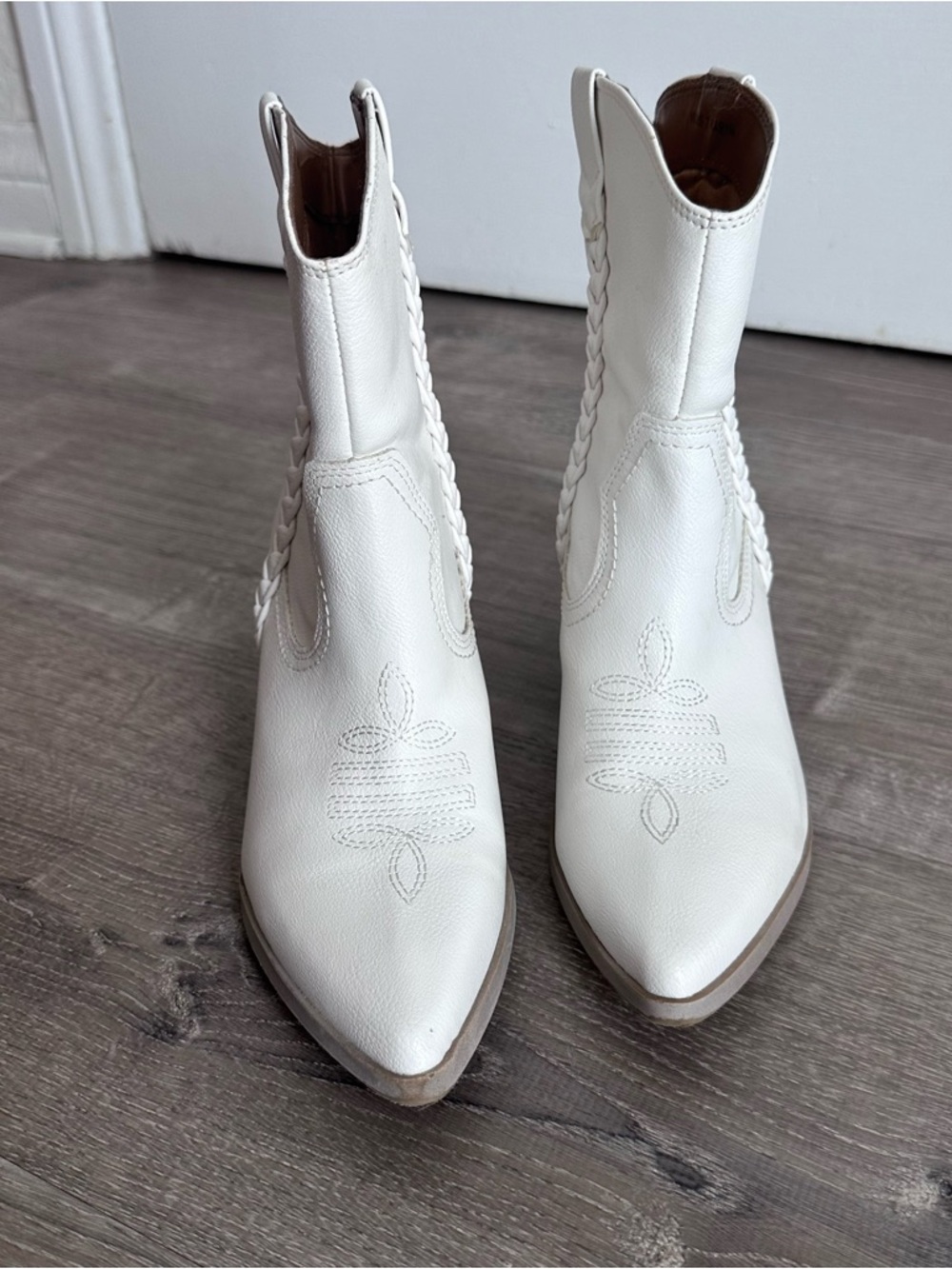 Dolce Vita White Faux Leather Cowboy Boots with Braided Details-Size 7